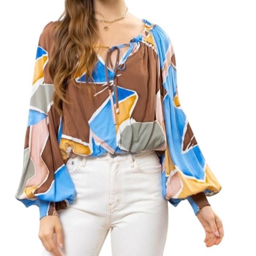 BLU PEPPER ABSTRAITE, WOMEN’S PEASANT BLOUSE